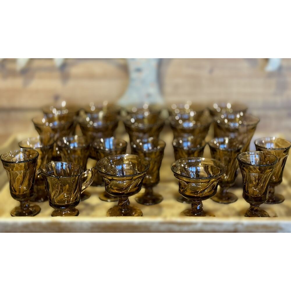 Vintage Fostoria Jamestown Amber Glassware – Goblets, Wine, Sherbets, Creamer
